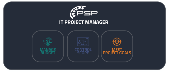 infographic of it project manager. Manage budget, control scope, meet project goals